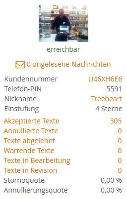 Screenshot von der Plattform content.de über 305 dort erledigte Schreibaufträge